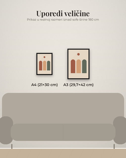 Arkade – apstraktni poster – poređenje veličina A4 (21×30 cm) i A3 (29,7×42 cm)
