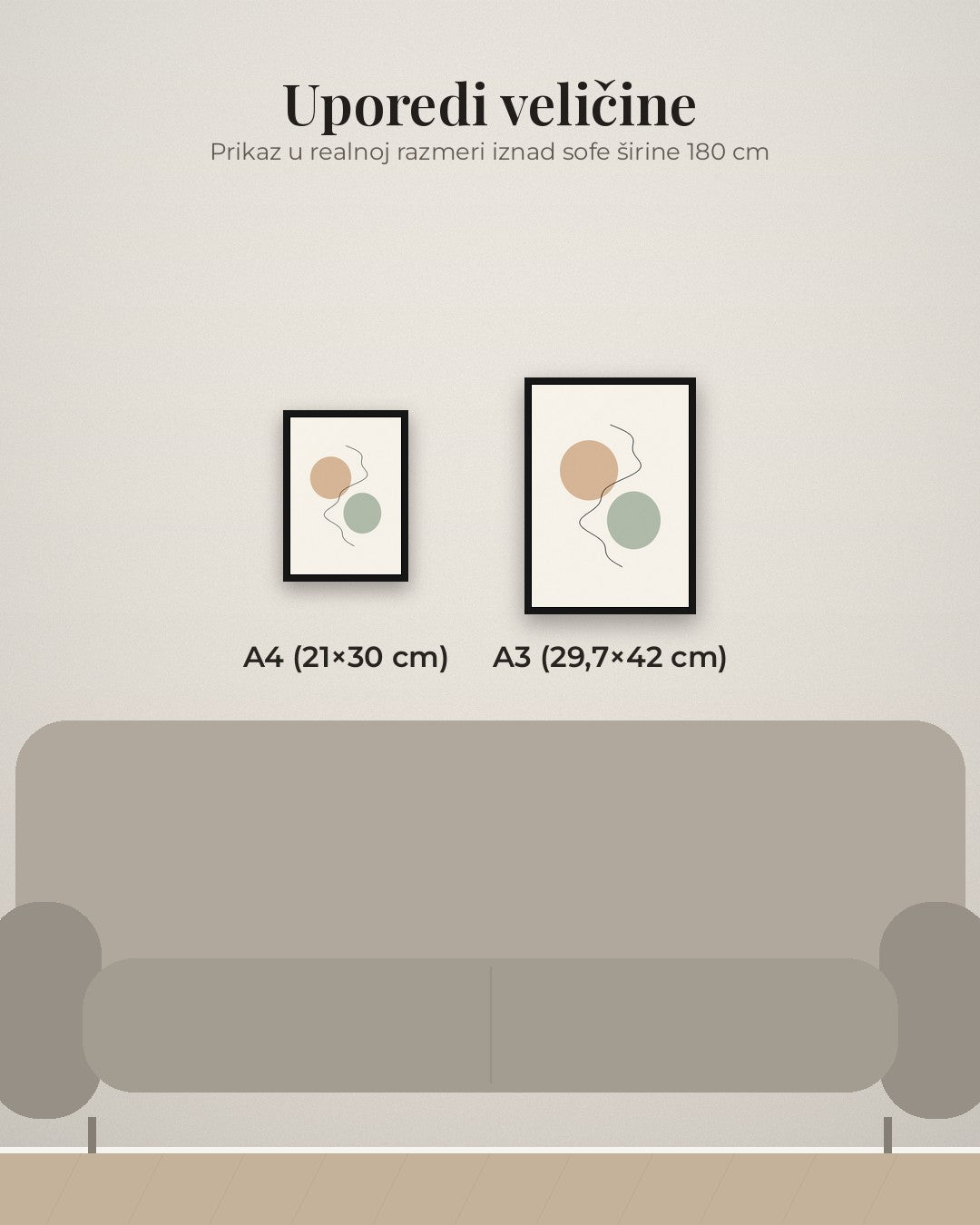 Linija – apstraktni poster – poređenje veličina A4 (21×30 cm) i A3 (29,7×42 cm)