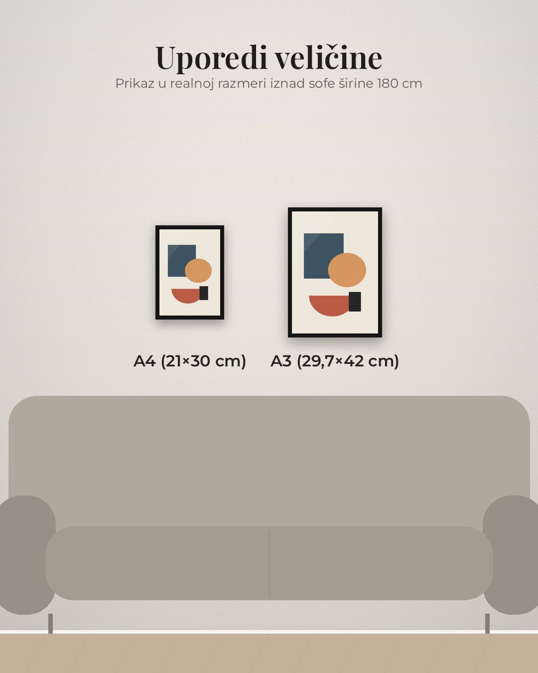 Geometrija – apstraktni poster – poređenje veličina A4 (21×30 cm) i A3 (29,7×42 cm)