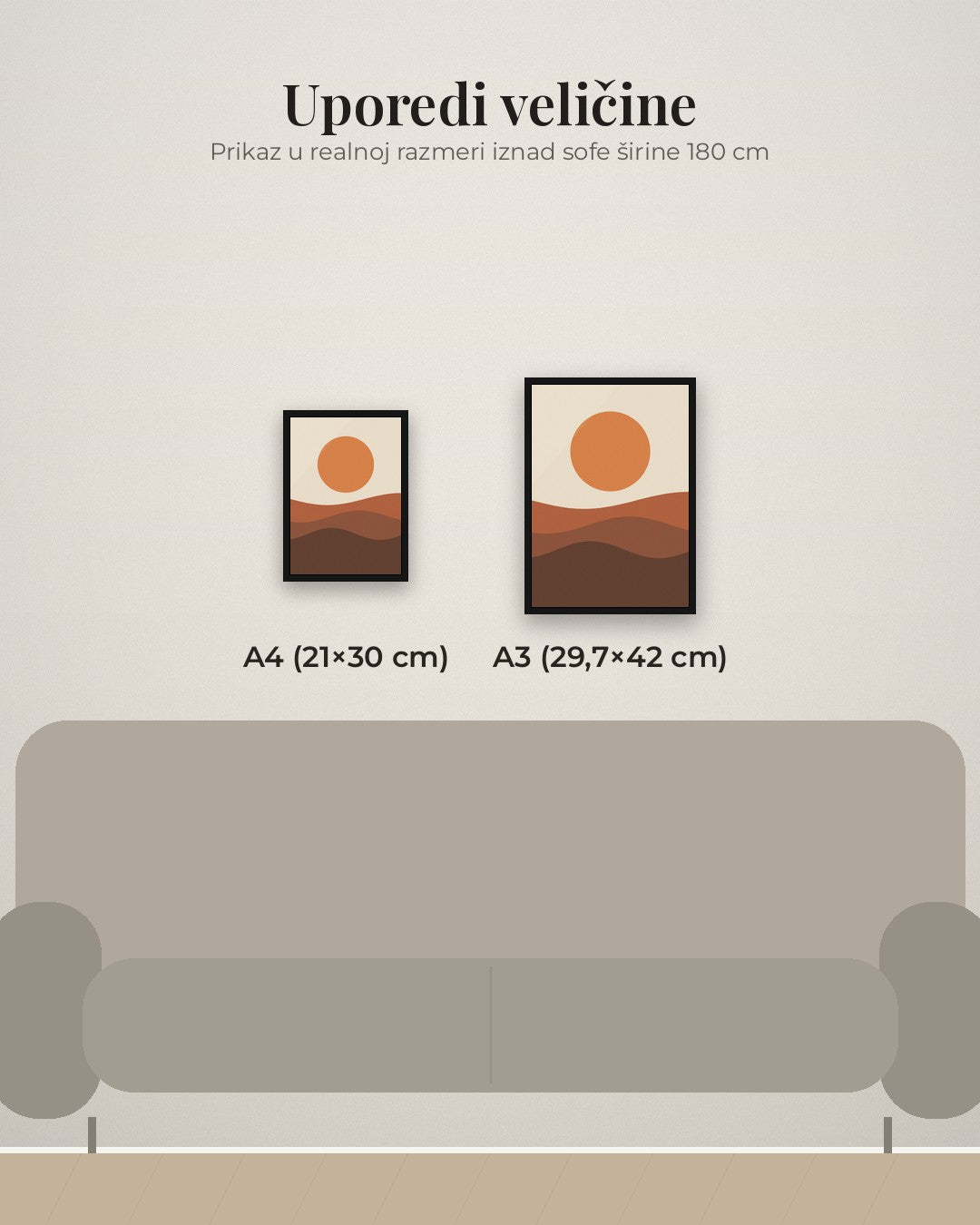 Zalazak sunca – apstraktni poster – poređenje veličina A4 (21×30 cm) i A3 (29,7×42 cm)