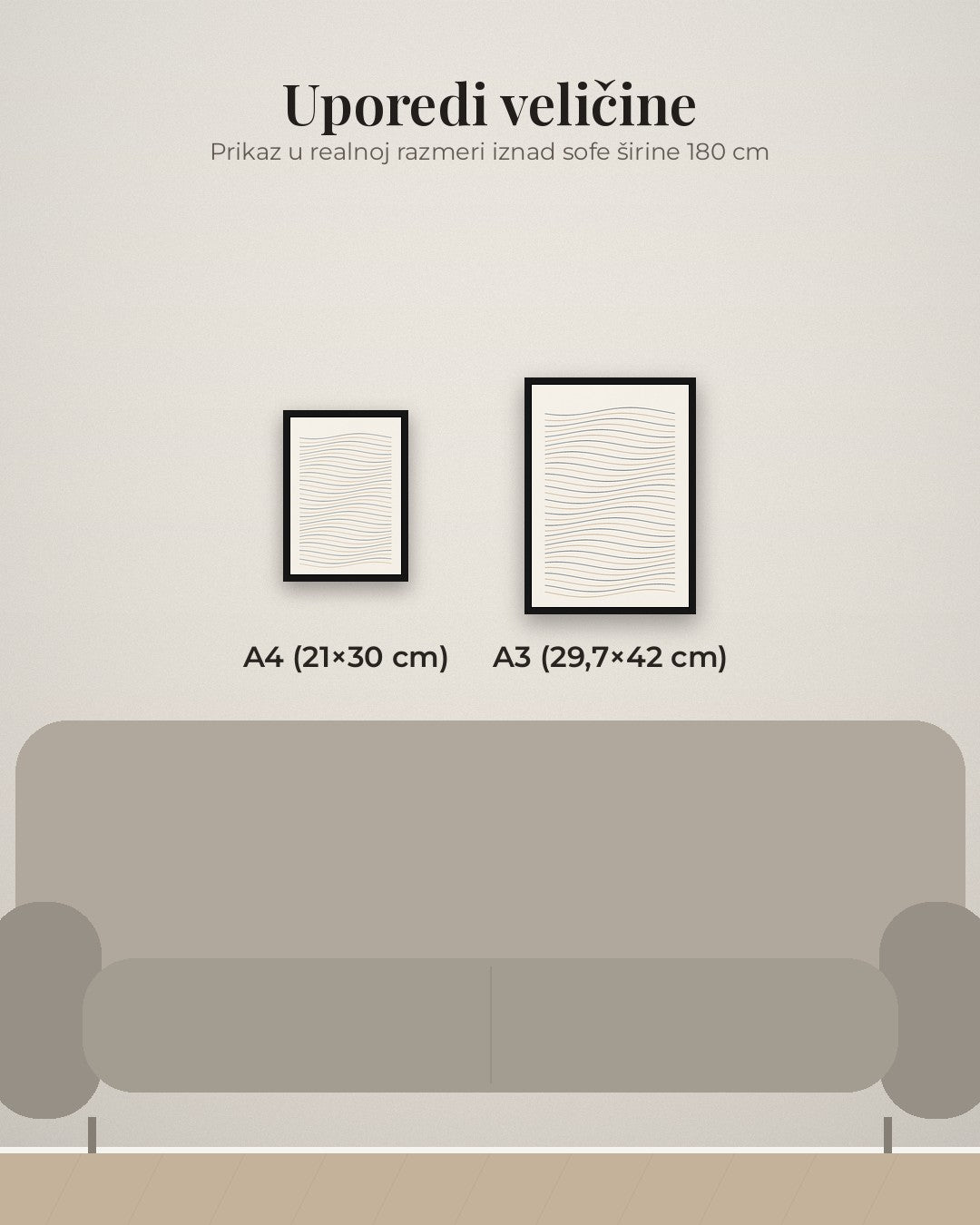 Talasi – apstraktni poster – poređenje veličina A4 (21×30 cm) i A3 (29,7×42 cm)