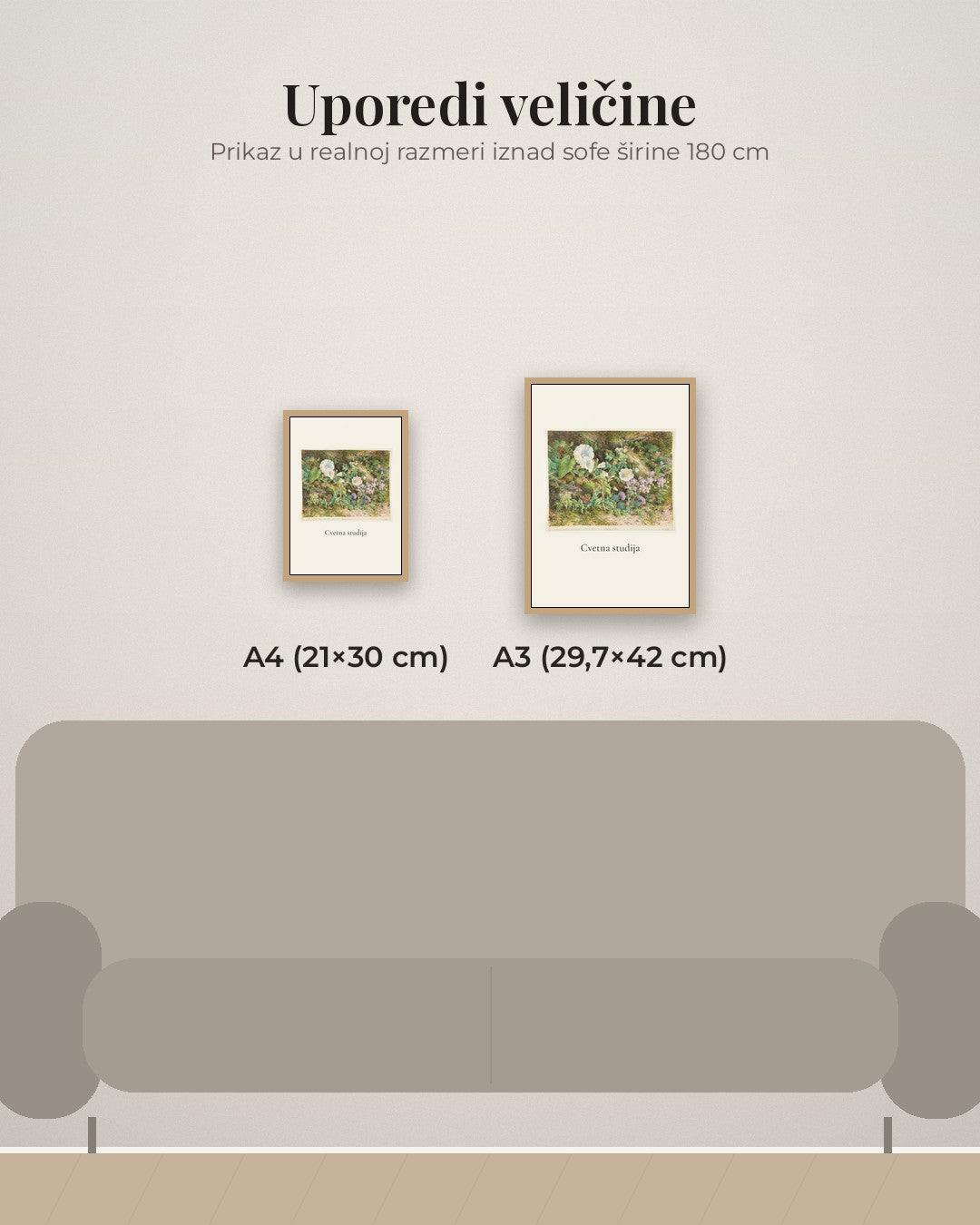 Cvetna studija – botanički poster – poređenje veličina A4 (21×30 cm) i A3 (29,7×42 cm)