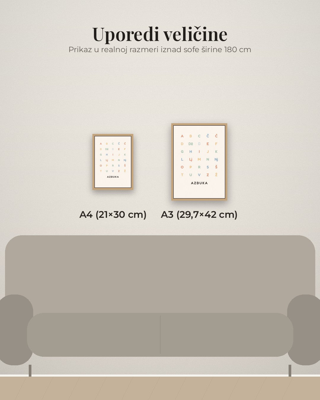 Azbuka – poster za dečiju sobu – poređenje veličina A4 (21×30 cm) i A3 (29,7×42 cm)