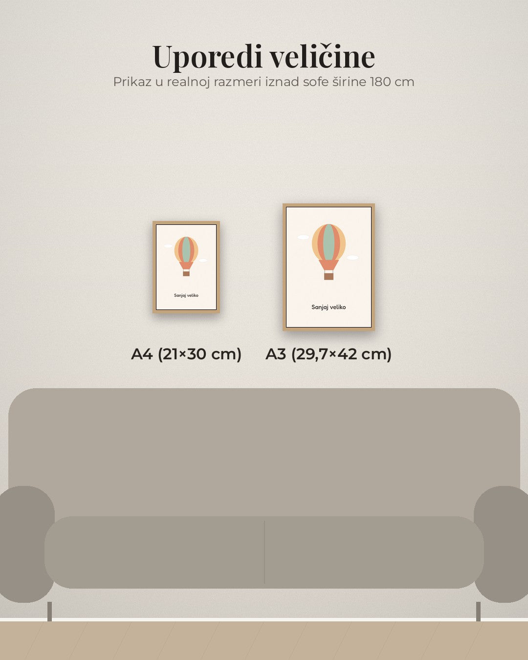 Balon – poster za dečiju sobu – poređenje veličina A4 (21×30 cm) i A3 (29,7×42 cm)