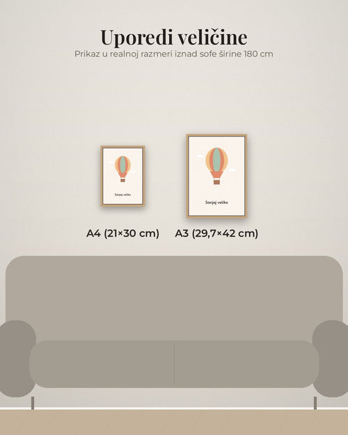 Balon – poster za dečiju sobu – poređenje veličina A4 (21×30 cm) i A3 (29,7×42 cm)