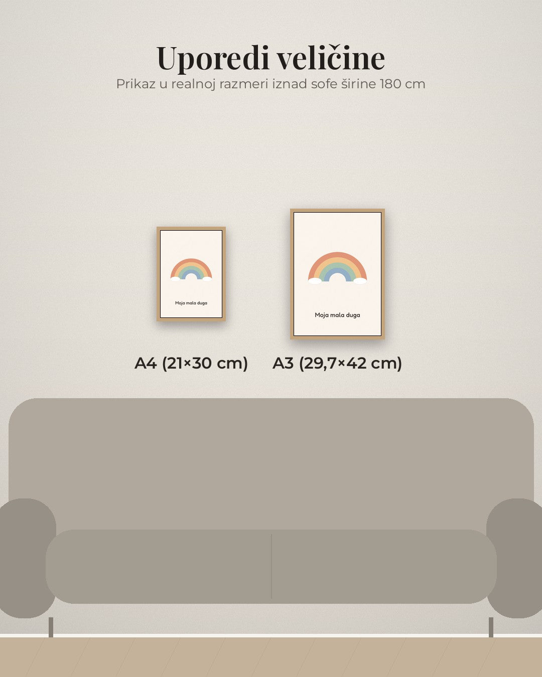Duga – poster za dečiju sobu – poređenje veličina A4 (21×30 cm) i A3 (29,7×42 cm)