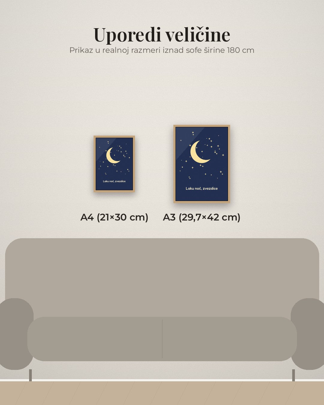 Laku noć – poster za dečiju sobu – poređenje veličina A4 (21×30 cm) i A3 (29,7×42 cm)