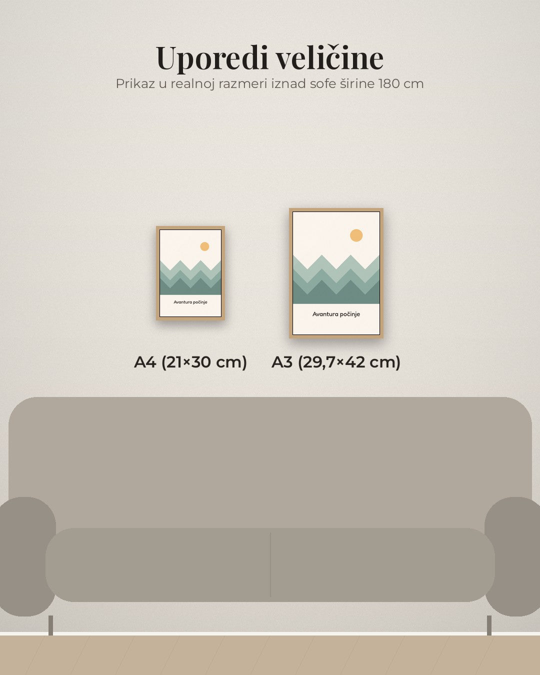 Planine – poster za dečiju sobu – poređenje veličina A4 (21×30 cm) i A3 (29,7×42 cm)