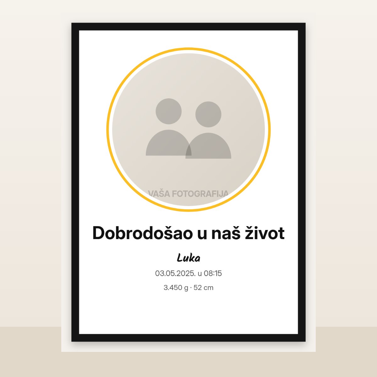 Dobrodošao u naš život – bebi poster – primer dizajna