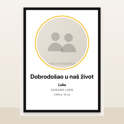 Dobrodošao u naš život – bebi poster – primer dizajna