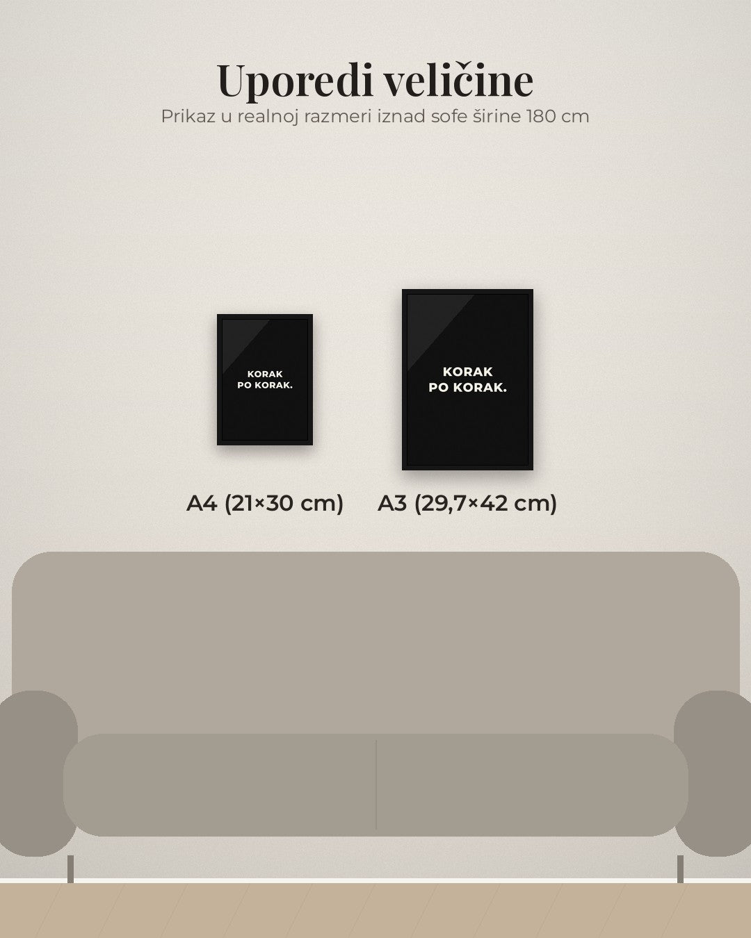 „Korak po korak.“ – motivacioni poster – poređenje veličina A4 (21×30 cm) i A3 (29,7×42 cm)