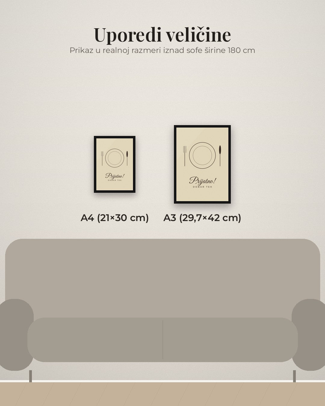 Prijatno – poster za kuhinju – poređenje veličina A4 (21×30 cm) i A3 (29,7×42 cm)