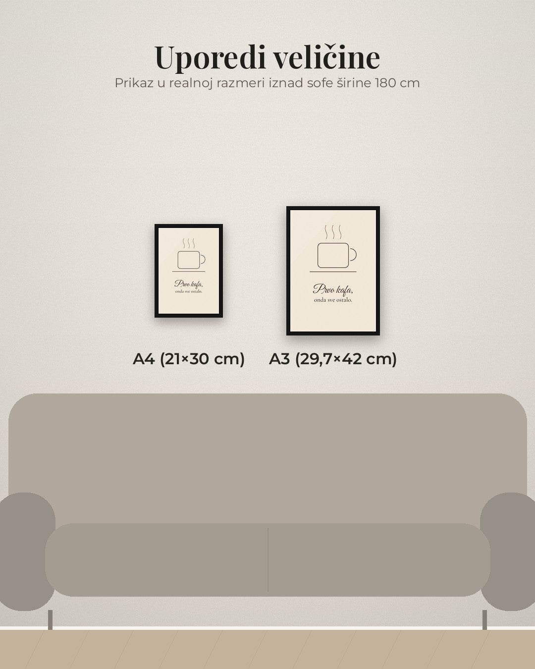 Prvo kafa – poster za kuhinju – poređenje veličina A4 (21×30 cm) i A3 (29,7×42 cm)