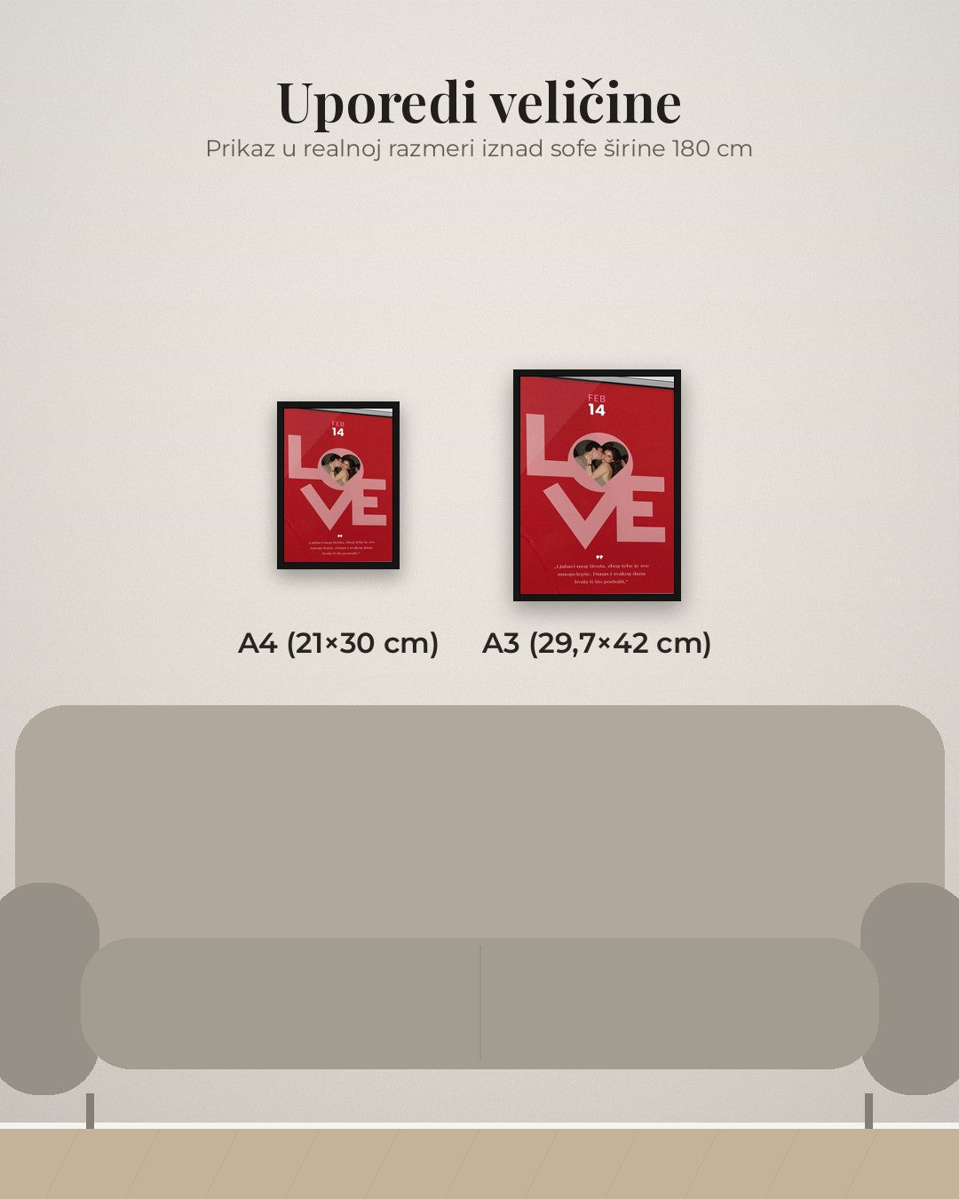 Love Story – poster – poređenje veličina A4 (21×30 cm) i A3 (29,7×42 cm)