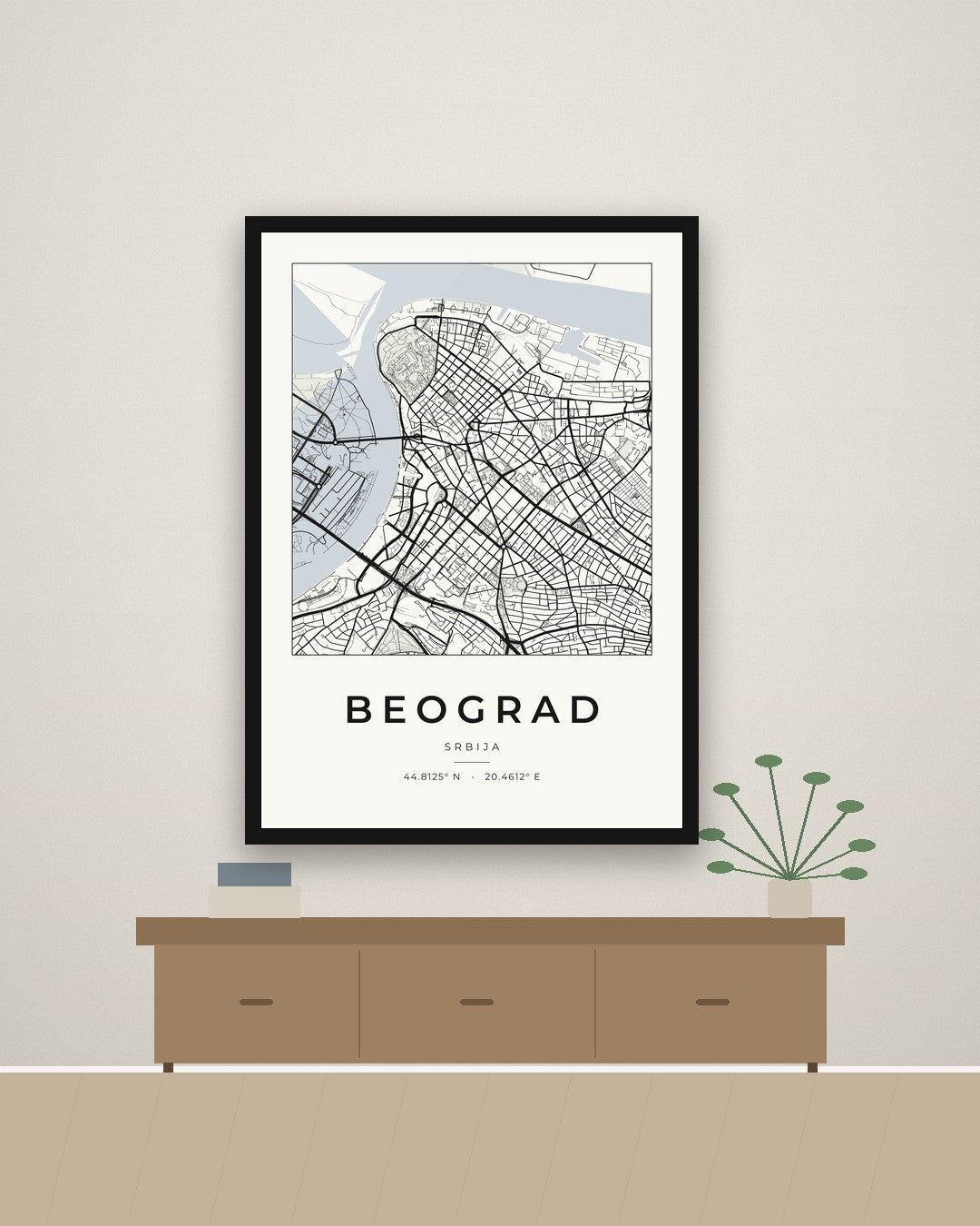 Beograd – minimalistička mapa grada, poster – na zidu