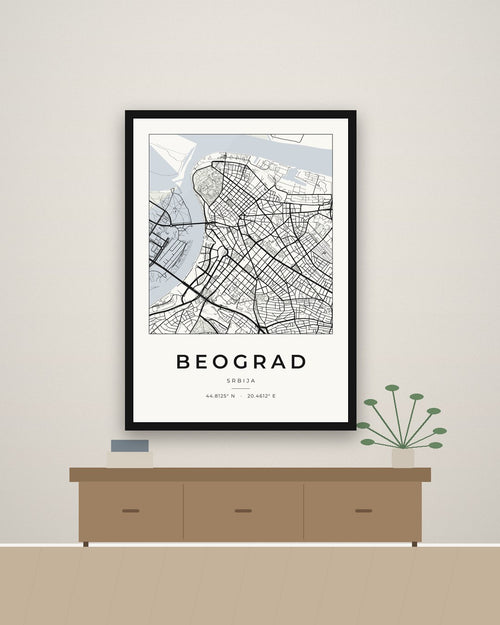 Beograd – minimalistička mapa grada, poster – na zidu
