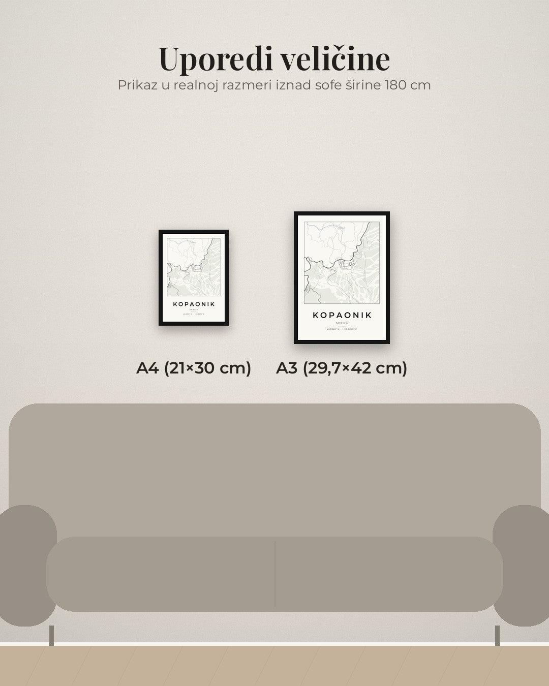 Kopaonik – minimalistička mapa grada, poster – poređenje veličina A4 (21×30 cm) i A3 (29,7×42 cm)