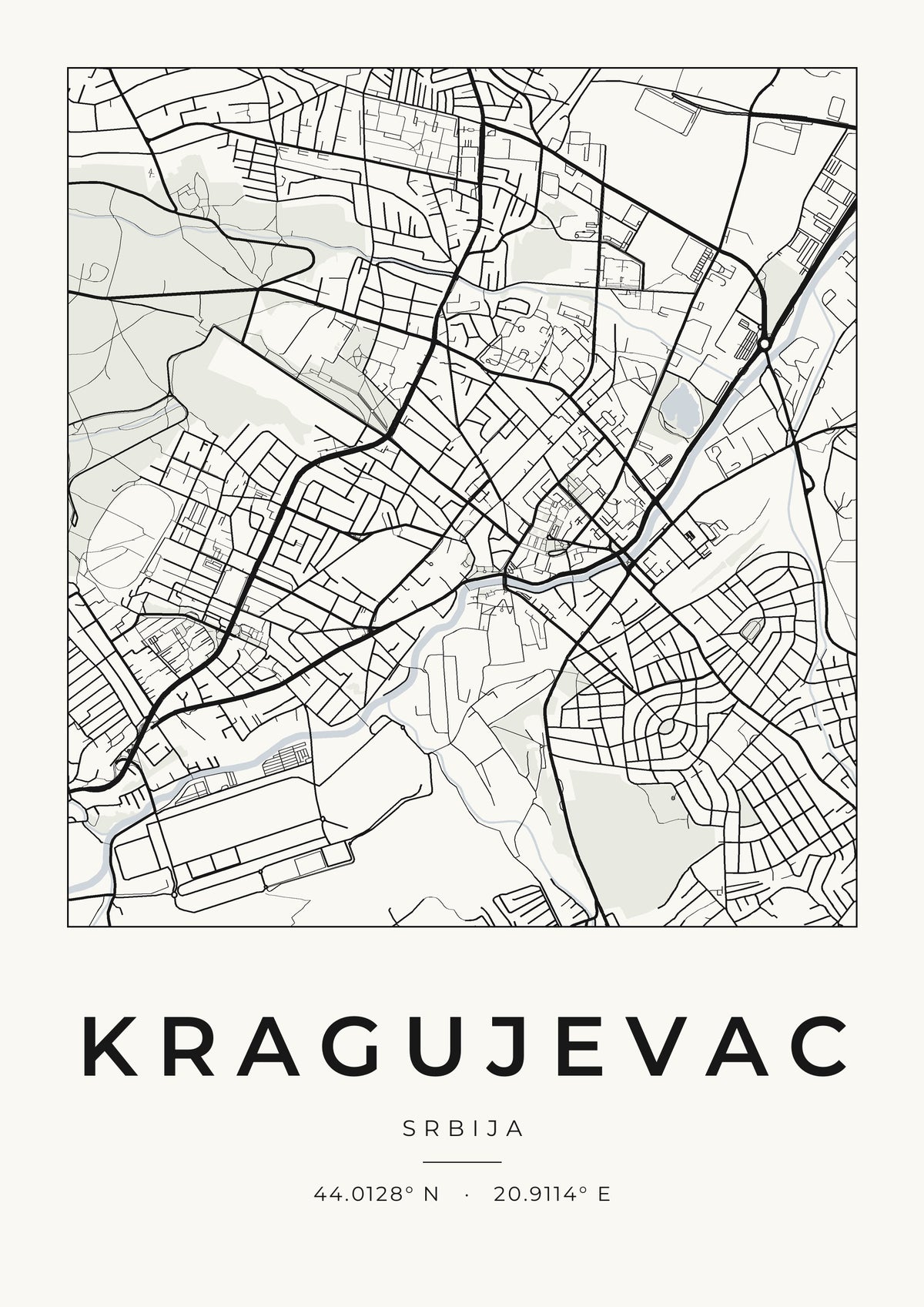 Kragujevac – minimalistička mapa grada, poster – dizajn