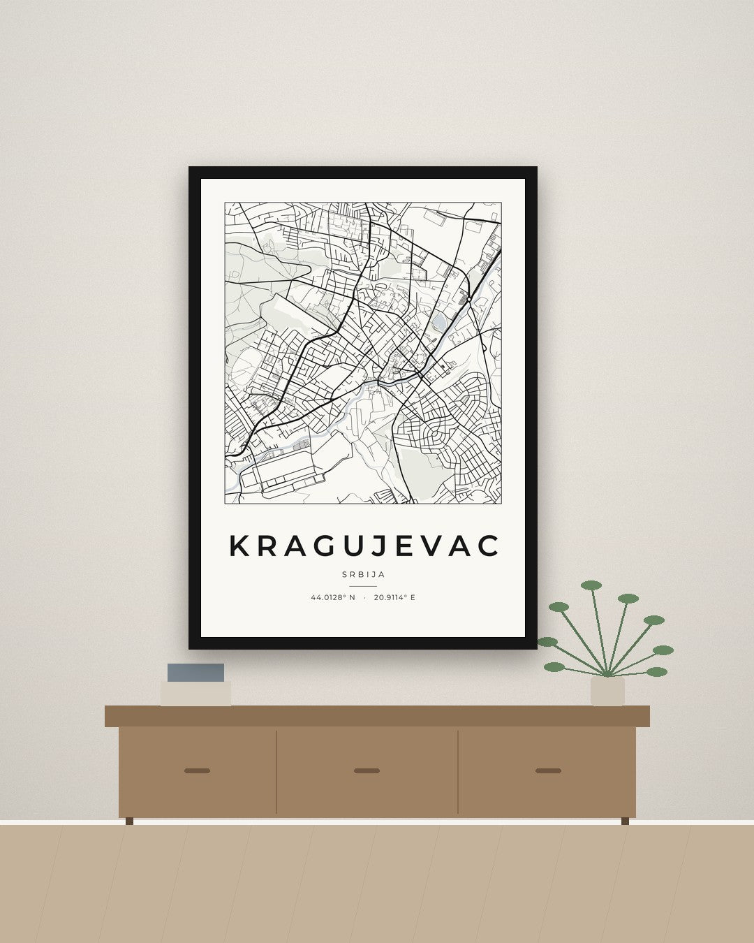 Kragujevac – minimalistička mapa grada, poster – na zidu