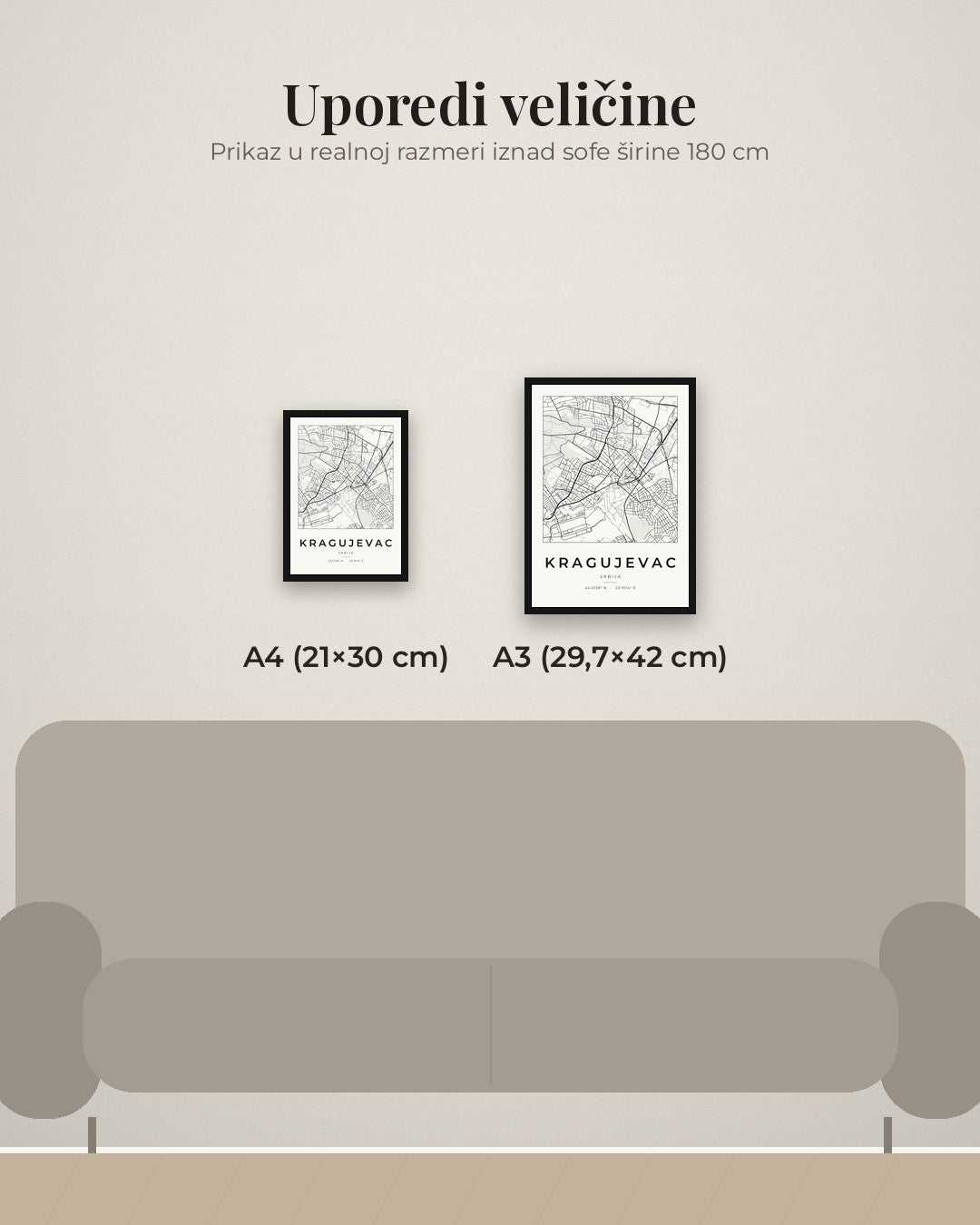 Kragujevac – minimalistička mapa grada, poster – poređenje veličina A4 (21×30 cm) i A3 (29,7×42 cm)