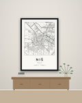 Niš – minimalistička mapa grada, poster – na zidu