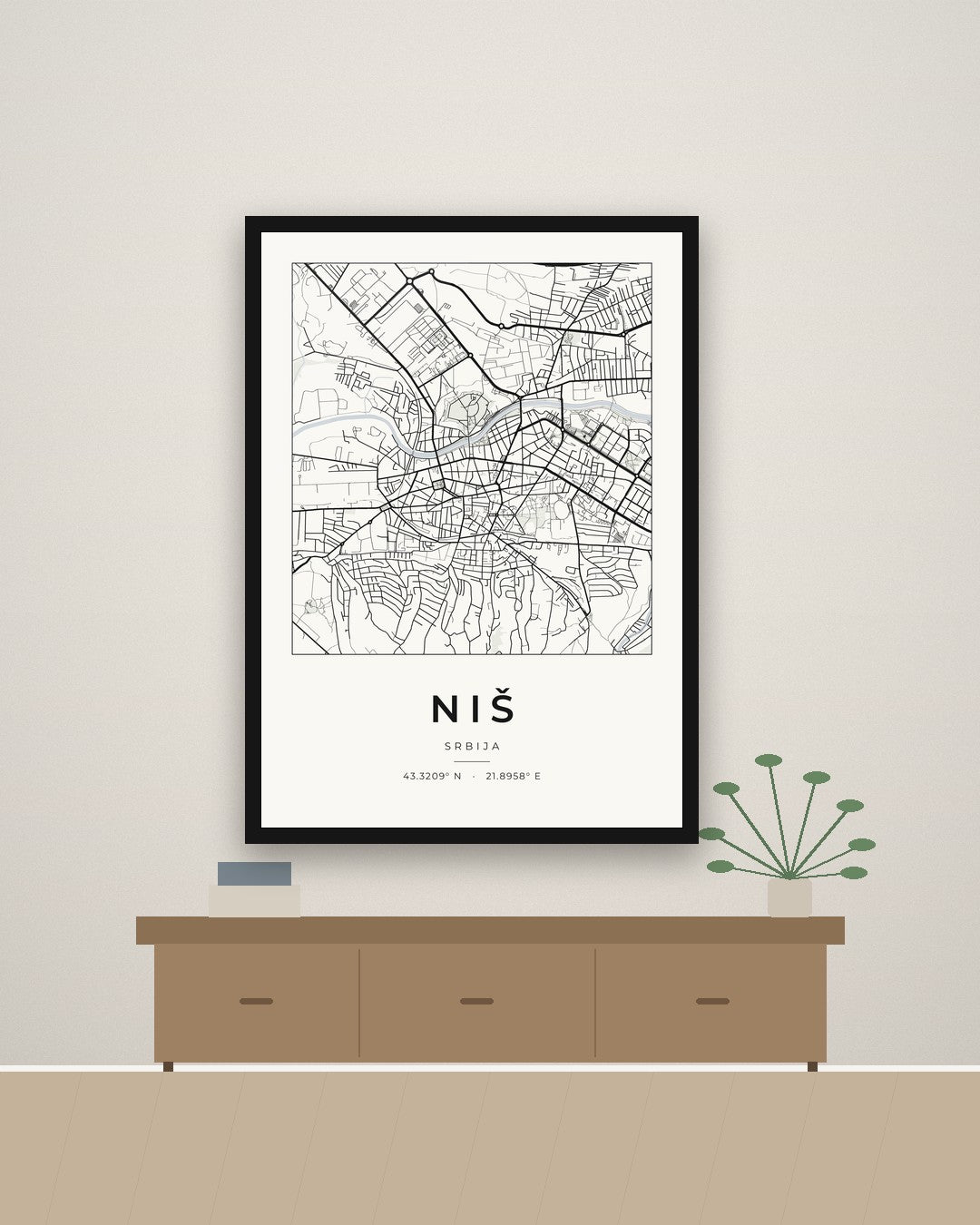 Niš – minimalistička mapa grada, poster – na zidu