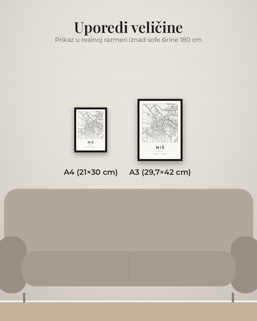 Niš – minimalistička mapa grada, poster – poređenje veličina A4 (21×30 cm) i A3 (29,7×42 cm)