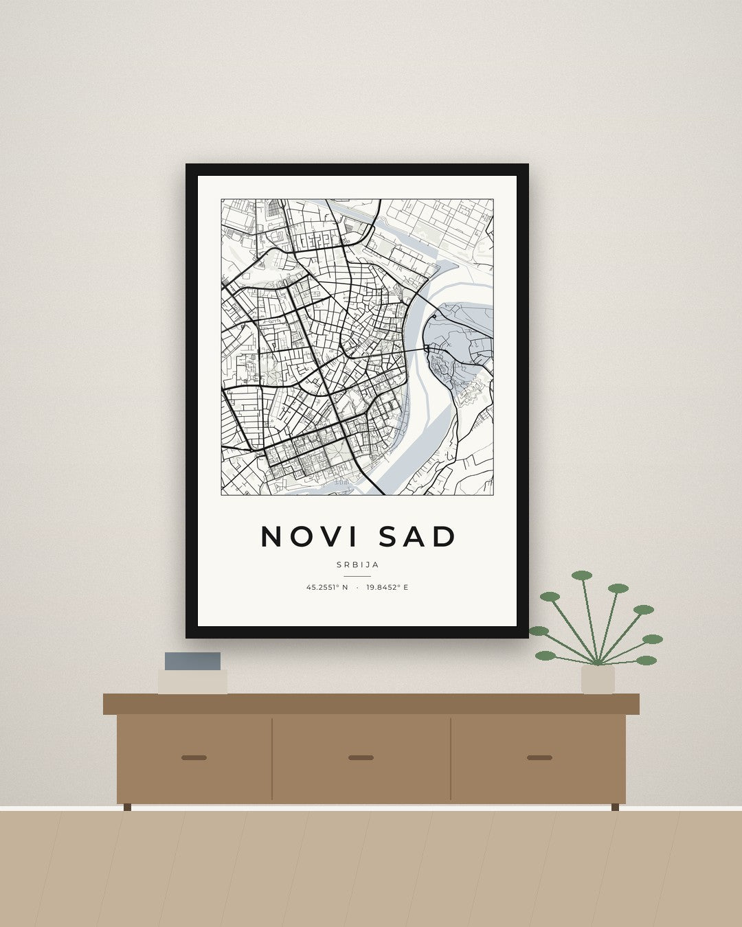 Novi Sad – minimalistička mapa grada, poster – na zidu