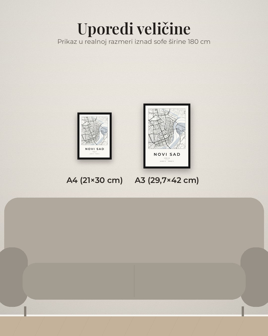 Novi Sad – minimalistička mapa grada, poster – poređenje veličina A4 (21×30 cm) i A3 (29,7×42 cm)