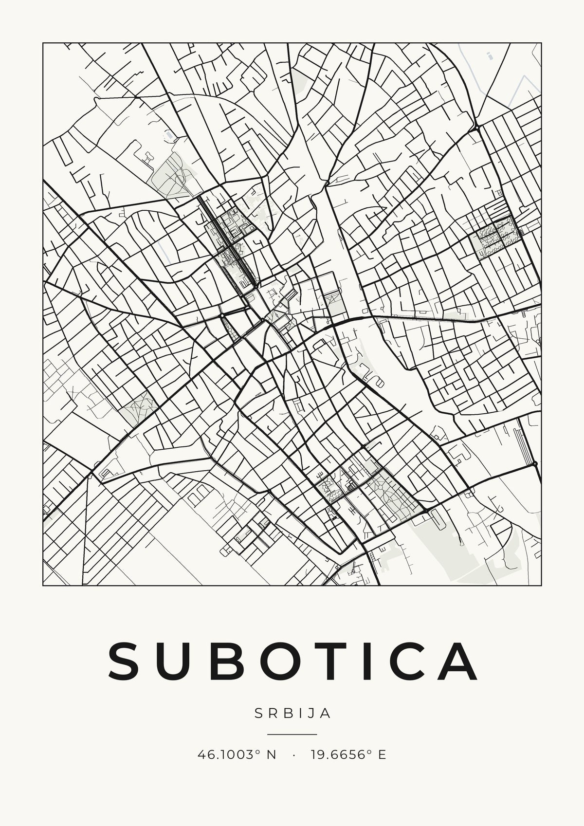 Subotica – minimalistička mapa grada, poster – dizajn