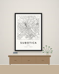 Subotica – minimalistička mapa grada, poster – na zidu