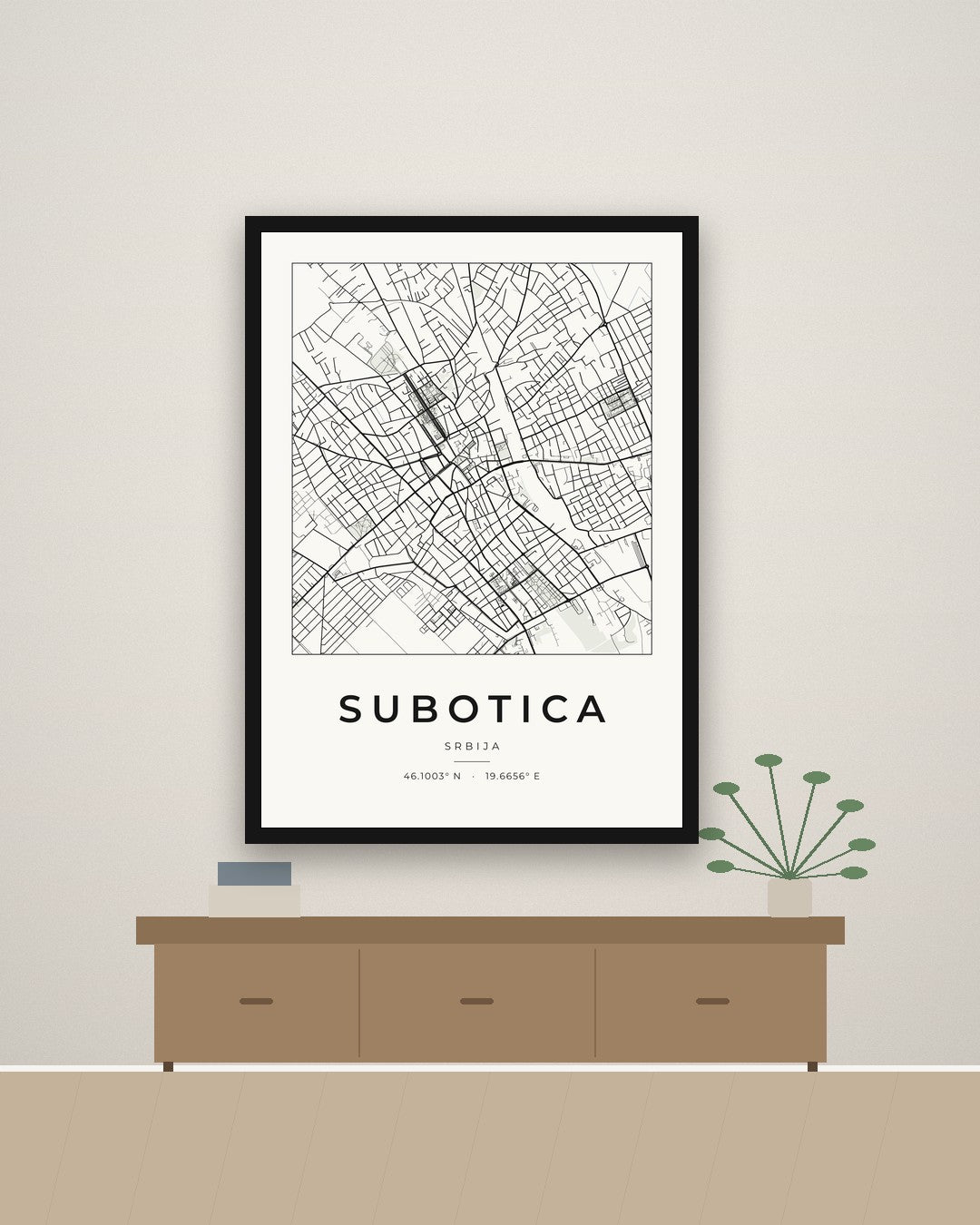 Subotica – minimalistička mapa grada, poster – na zidu