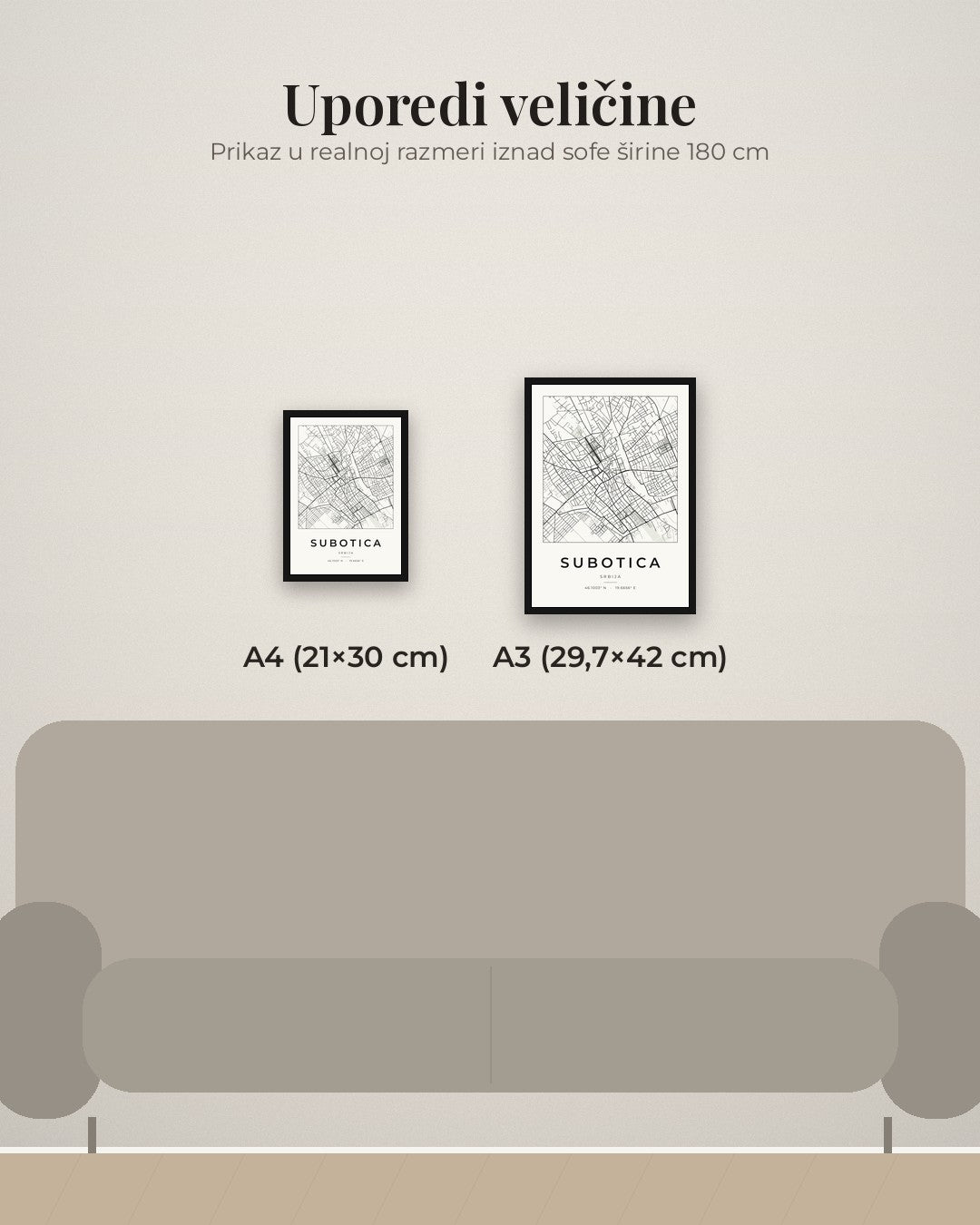 Subotica – minimalistička mapa grada, poster – poređenje veličina A4 (21×30 cm) i A3 (29,7×42 cm)