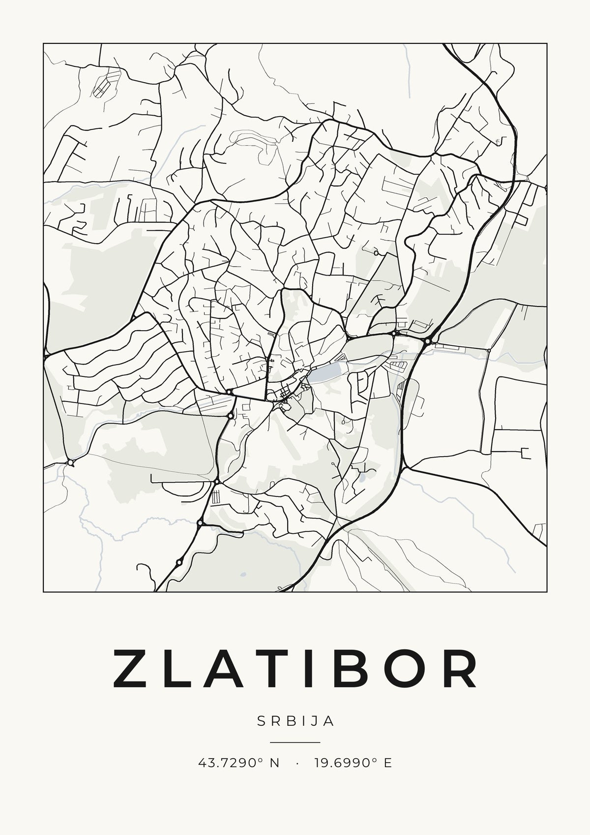 Zlatibor – minimalistička mapa grada, poster – dizajn