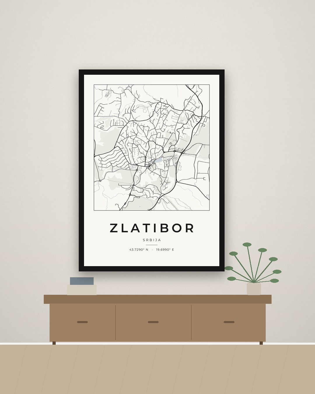 Zlatibor – minimalistička mapa grada, poster – na zidu