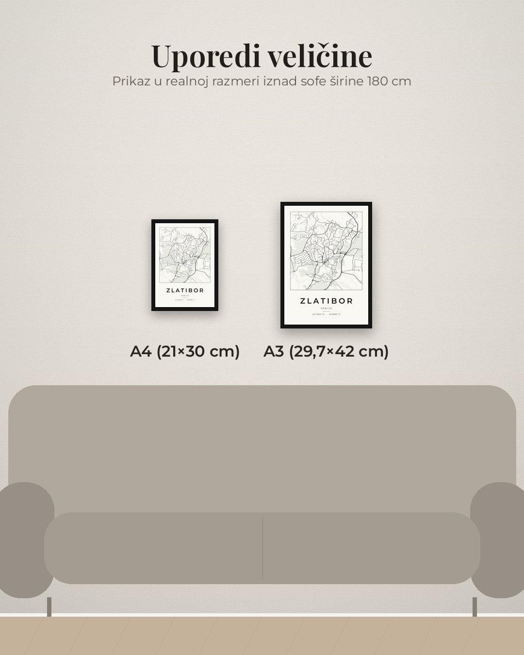 Zlatibor – minimalistička mapa grada, poster – poređenje veličina A4 (21×30 cm) i A3 (29,7×42 cm)