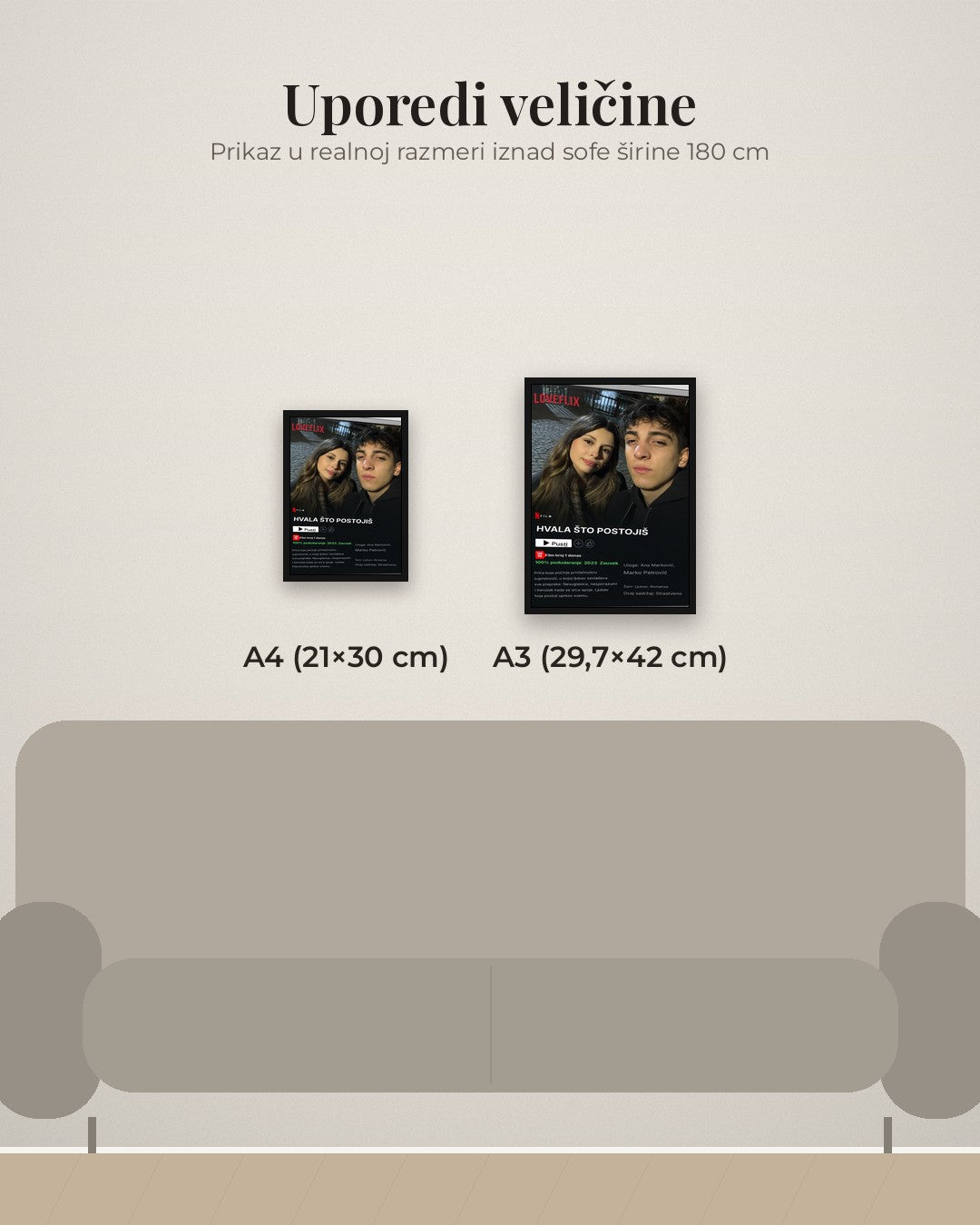 Netflix-stil filmski poster – poređenje veličina A4 (21×30 cm) i A3 (29,7×42 cm)