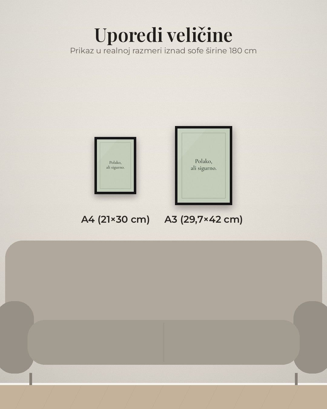 „Polako, ali sigurno.“ – motivacioni poster – poređenje veličina A4 (21×30 cm) i A3 (29,7×42 cm)