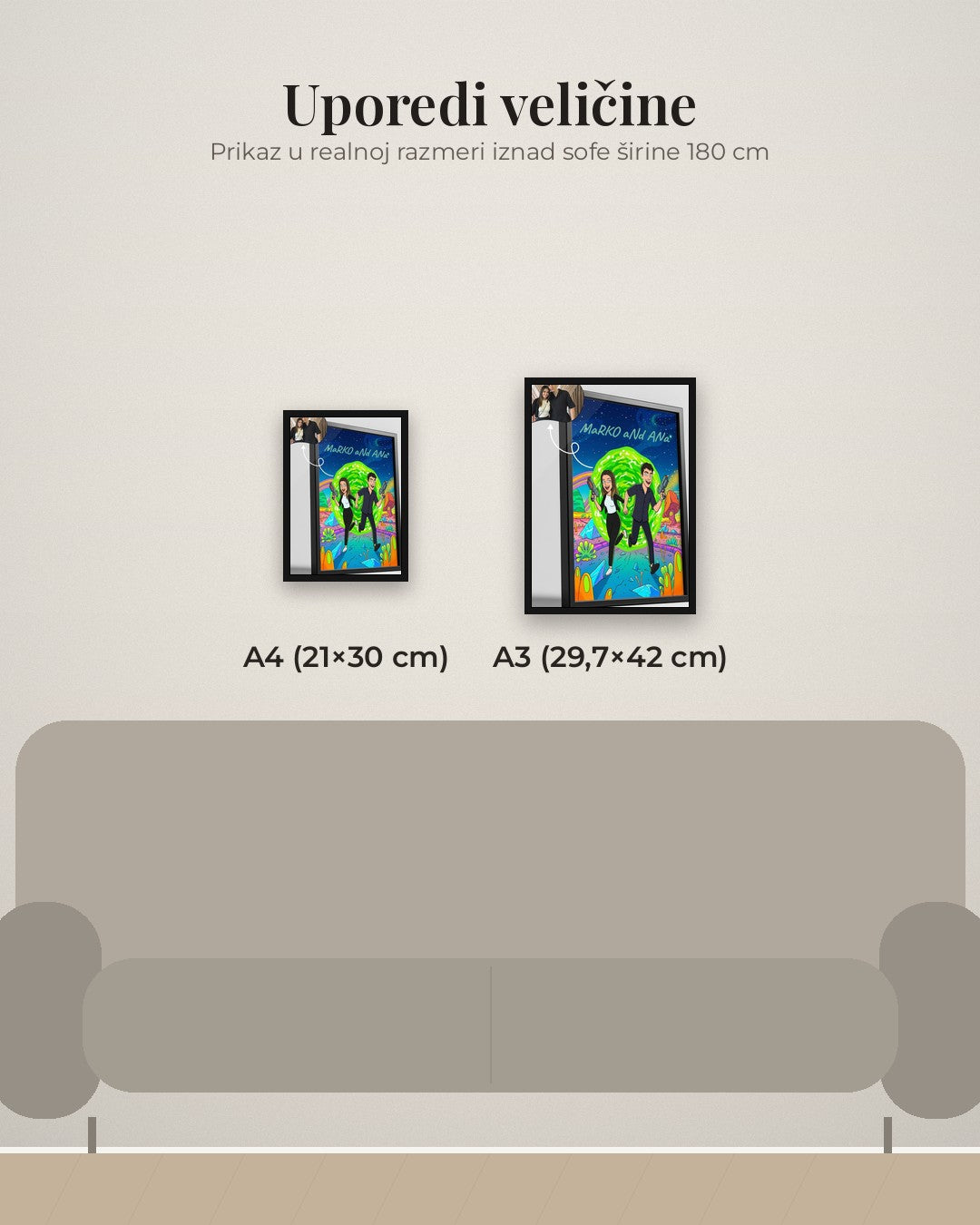 Rick and Morty tematski poster – poređenje veličina A4 (21×30 cm) i A3 (29,7×42 cm)