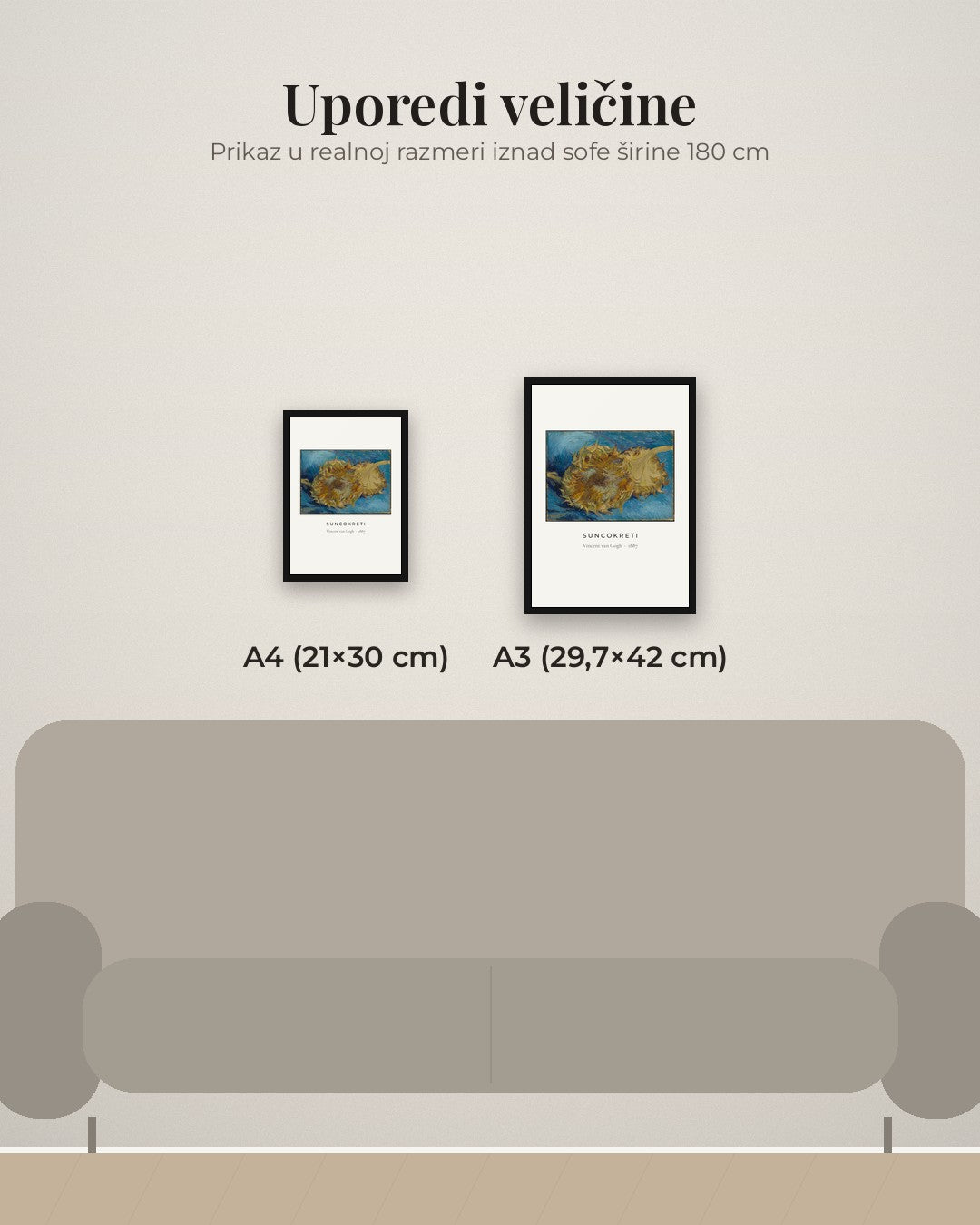 Suncokreti – Vincent van Gogh, umetnički poster – poređenje veličina A4 (21×30 cm) i A3 (29,7×42 cm)