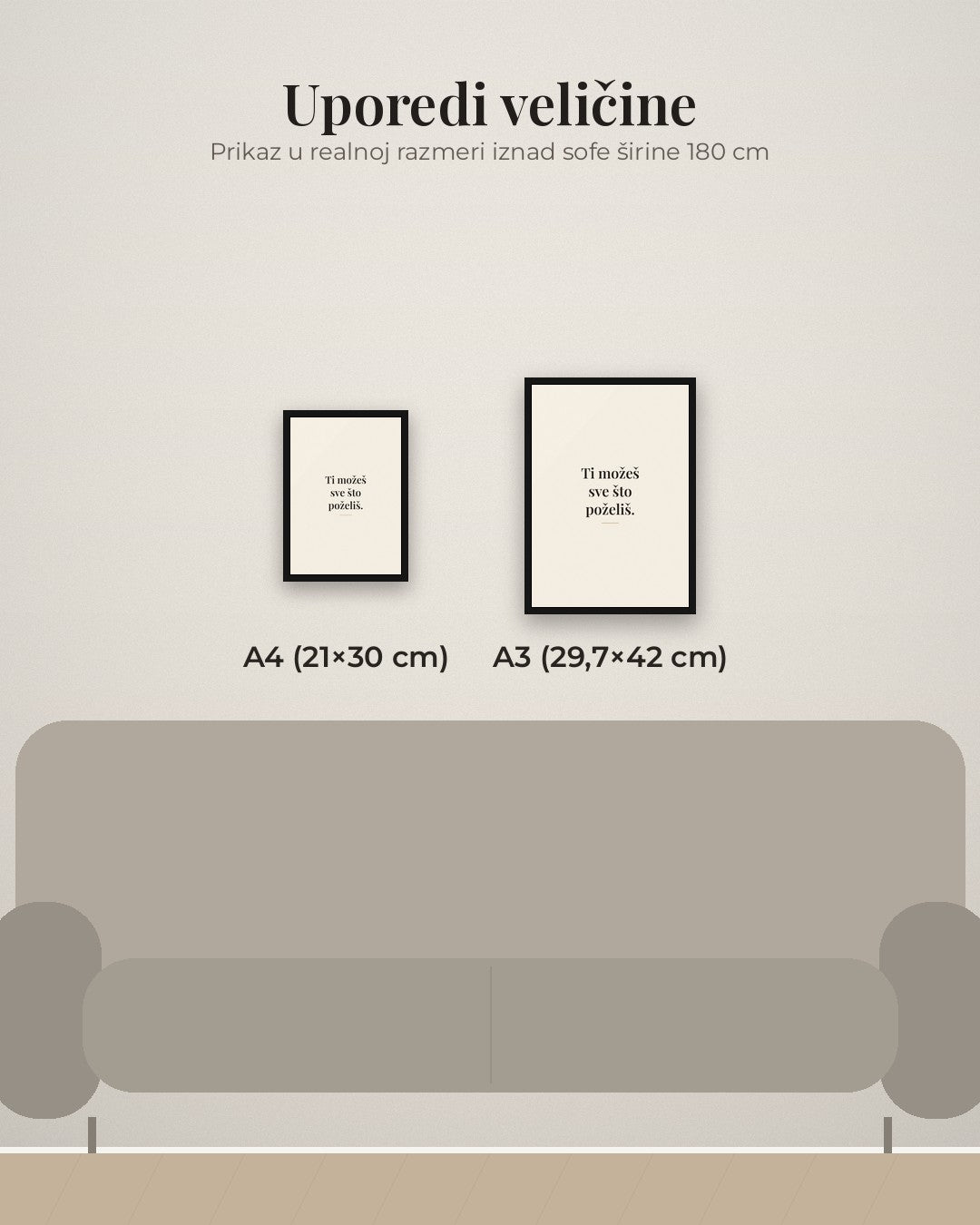 „Ti možeš sve što poželiš.“ – motivacioni poster – poređenje veličina A4 (21×30 cm) i A3 (29,7×42 cm)